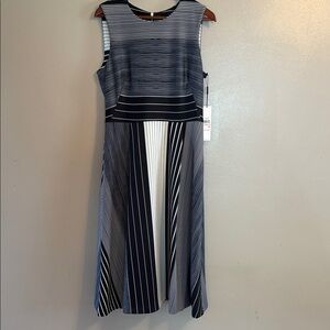 Calvin Klein Black and White Striped Sleeveless Midi Dress